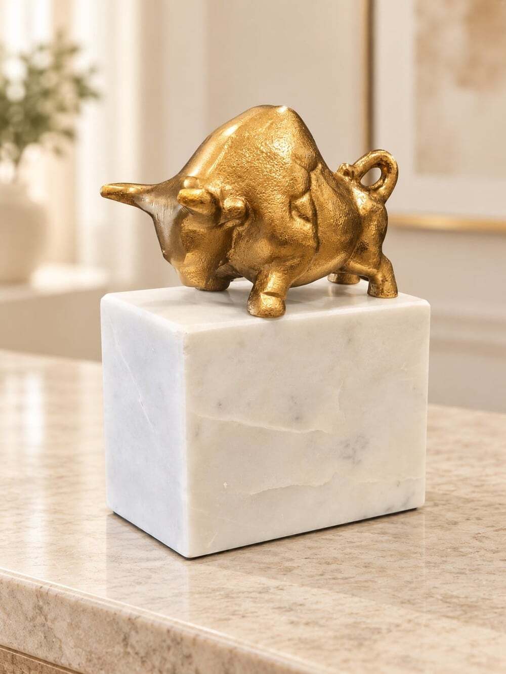 New MCM Retro Gold Bull White Marble Base Office Room Bookend Room Accent